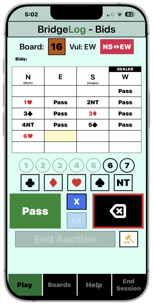 BridgeLog bidding screen shown on an iPhone