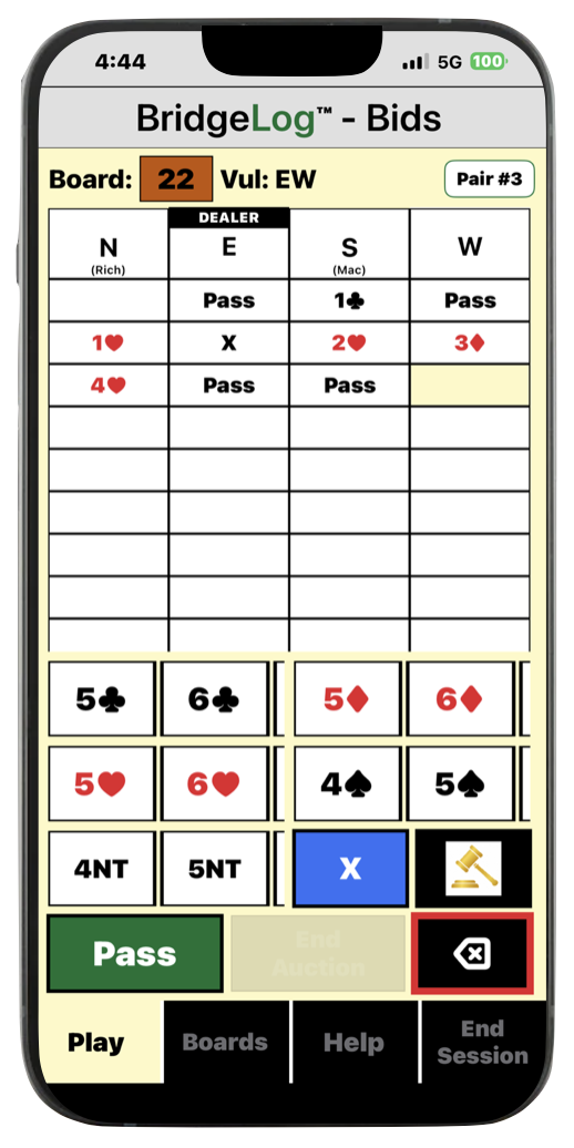 BridgeLog bid-entry screen on an iPhone