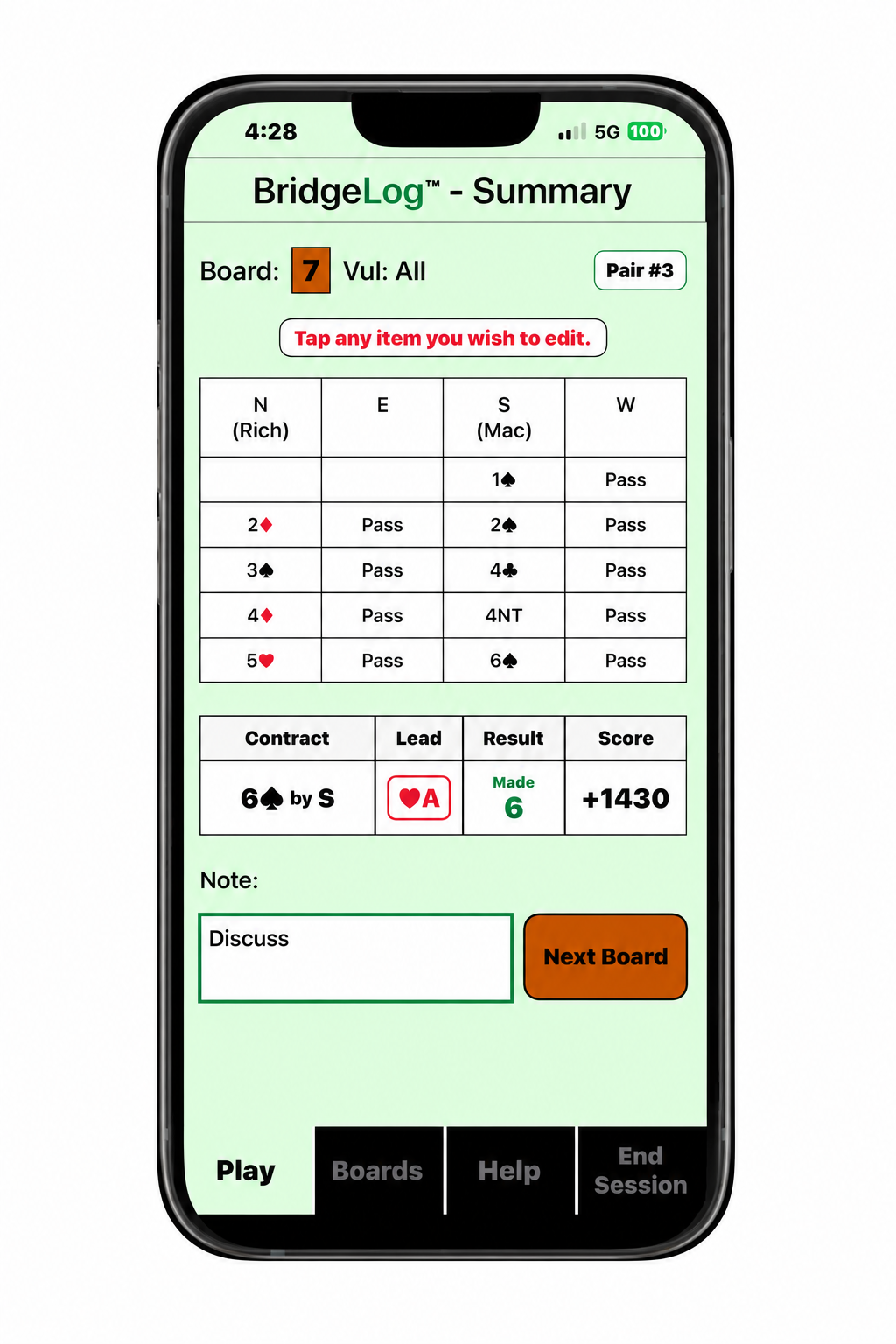 BridgeLog iPhone Summary screen showing the recorded auction, contract, lead, result, and score for a board