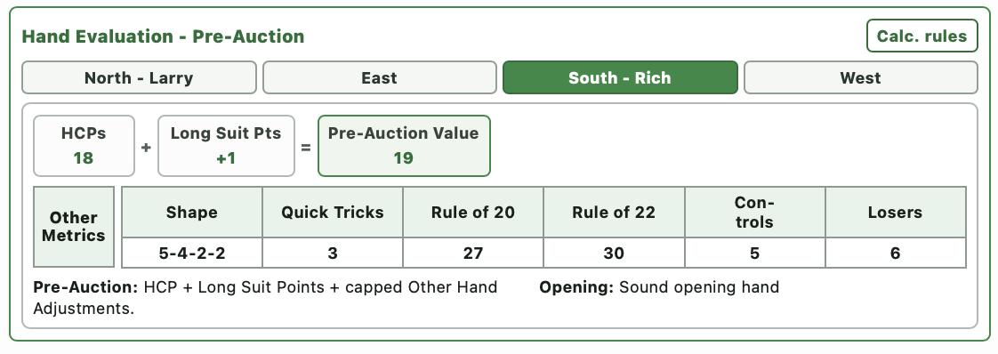 BridgeLog Hand Evaluation section